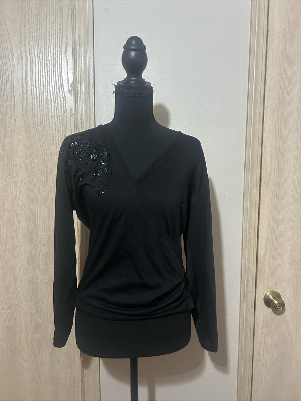 Black V-Neck Long-Sleeve Top with Shoulder Embellishment